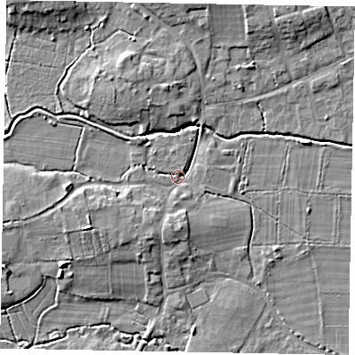 Shaded relief map of the ground around GU248LY, computed from Environment Agency LiDAR. The ground here sits at about 28 m above sea level and falls 9 m across the surrounding 800 m. Surface water reaching this point runs off ground lying to the west-south-west, 4.4 m higher.
