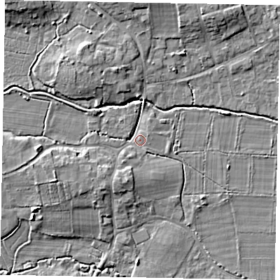 Shaded relief map of the ground around GU248LZ, computed from Environment Agency LiDAR. The ground here sits at about 27 m above sea level and falls 8 m across the surrounding 800 m. Surface water reaching this point runs off ground lying to the west-south-west, 4.4 m higher.