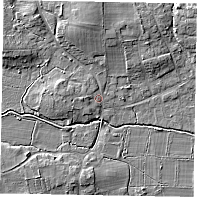 Shaded relief map of the ground around GU248NA, computed from Environment Agency LiDAR. The ground here sits at about 29 m above sea level and falls 9 m across the surrounding 800 m. Surface water reaching this point runs off ground lying to the north, 5.8 m higher.