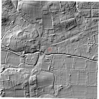 Shaded relief map of the ground around GU248NB, computed from Environment Agency LiDAR. The ground here sits at about 27 m above sea level and falls 9 m across the surrounding 800 m. Surface water reaching this point runs off ground lying to the west-north-west, 0.8 m higher.