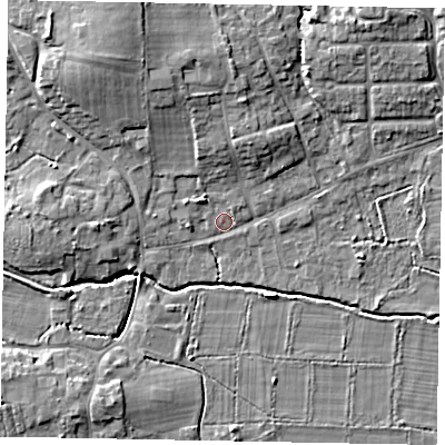 Shaded relief map of the ground around GU248ND, computed from Environment Agency LiDAR. The ground here sits at about 27 m above sea level and falls 9 m across the surrounding 800 m. Surface water reaching this point runs off ground lying to the north-west, 7.2 m higher.