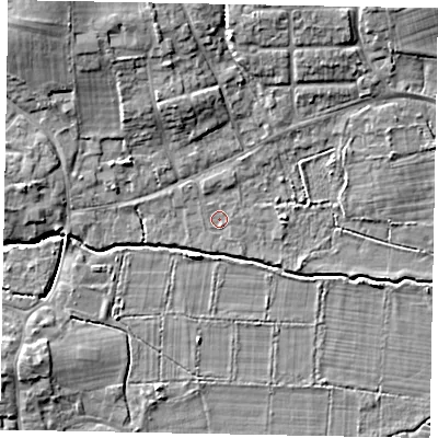 Shaded relief map of the ground around GU248PB, computed from Environment Agency LiDAR. The ground here sits at about 26 m above sea level and falls 10 m across the surrounding 800 m. Surface water reaching this point runs off ground lying to the west, 1.7 m higher.