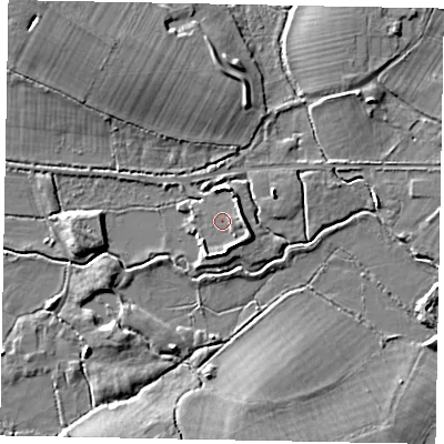 Shaded relief map of the ground around GU248PE, computed from Environment Agency LiDAR. The ground here sits at about 24 m above sea level and falls 8 m across the surrounding 800 m. Surface water reaching this point runs off ground lying to the east, 2.6 m higher.