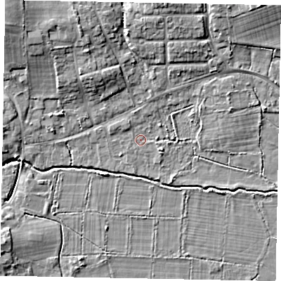 Shaded relief map of the ground around GU248PH, computed from Environment Agency LiDAR. The ground here sits at about 26 m above sea level and falls 10 m across the surrounding 800 m. Surface water reaching this point runs off ground lying to the west-north-west, 1.0 m higher.