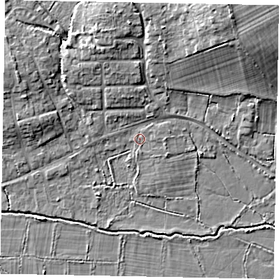 Shaded relief map of the ground around GU248PJ, computed from Environment Agency LiDAR. The ground here sits at about 27 m above sea level and falls 14 m across the surrounding 800 m. Surface water reaching this point runs off ground lying to the east, 1.1 m higher.