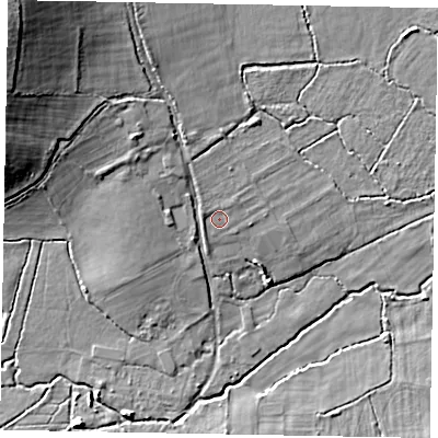 Shaded relief map of the ground around GU248SL, computed from Environment Agency LiDAR. The ground here sits at about 36 m above sea level and falls 22 m across the surrounding 800 m. Surface water reaching this point runs off ground lying to the north-north-west, 0.7 m higher.