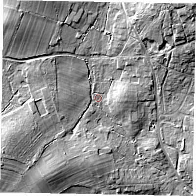 Shaded relief map of the ground around GU248SU, computed from Environment Agency LiDAR. The ground here sits at about 32 m above sea level and falls 14 m across the surrounding 800 m. Surface water reaching this point runs off ground lying to the north-west, 10.2 m higher.