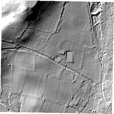 Shaded relief map of the ground around GU248SZ, computed from Environment Agency LiDAR. The ground here sits at about 43 m above sea level and falls 36 m across the surrounding 800 m. Surface water reaching this point runs off ground lying to the north-north-west, 27.3 m higher.