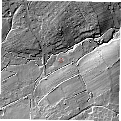 Shaded relief map of the ground around GU249DB, computed from Environment Agency LiDAR. The ground here sits at about 34 m above sea level and falls 11 m across the surrounding 800 m. Surface water reaching this point runs off ground lying to the south, 3.4 m higher.