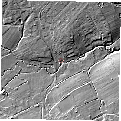Shaded relief map of the ground around GU249GP, computed from Environment Agency LiDAR. The ground here sits at about 34 m above sea level and falls 10 m across the surrounding 800 m. Surface water reaching this point runs off ground lying to the south, 8.1 m higher.