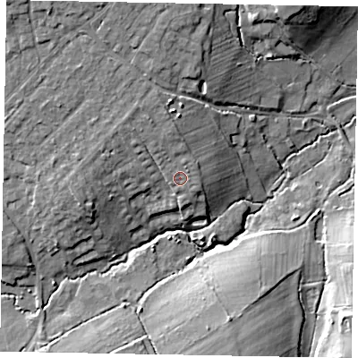 Shaded relief map of the ground around GU249LB, computed from Environment Agency LiDAR. The ground here sits at about 38 m above sea level and falls 12 m across the surrounding 800 m. Surface water reaching this point runs off ground lying to the north-north-west, 2.5 m higher.