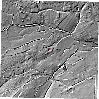 Shaded relief map of the ground around GU249LY, computed from Environment Agency LiDAR. The ground here sits at about 35 m above sea level and falls 9 m across the surrounding 800 m. Surface water reaching this point runs off ground lying to the west-south-west, 2.8 m higher.