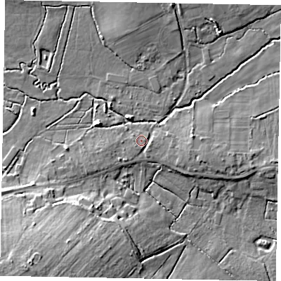 Shaded relief map of the ground around GU249QW, computed from Environment Agency LiDAR. The ground here sits at about 35 m above sea level and falls 17 m across the surrounding 800 m. Surface water reaching this point runs off ground lying to the south-west, 1.4 m higher.