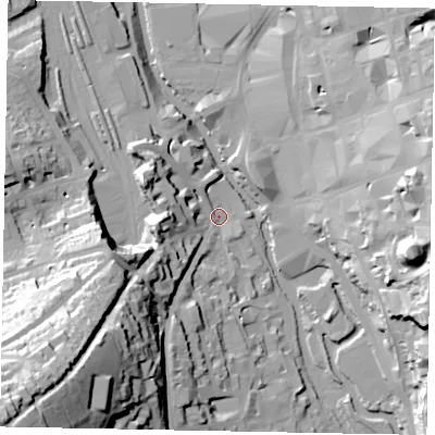 Shaded relief map of the ground around GU24AB, computed from Environment Agency LiDAR. The ground here sits at about 32 m above sea level and falls 71 m across the surrounding 800 m. Surface water reaching this point runs off ground lying to the south-west, 69.5 m higher.