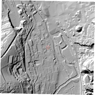 Shaded relief map of the ground around GU24AH, computed from Environment Agency LiDAR. The ground here sits at about 33 m above sea level and falls 70 m across the surrounding 800 m. Surface water reaching this point runs off ground lying to the west-south-west, 8.8 m higher.