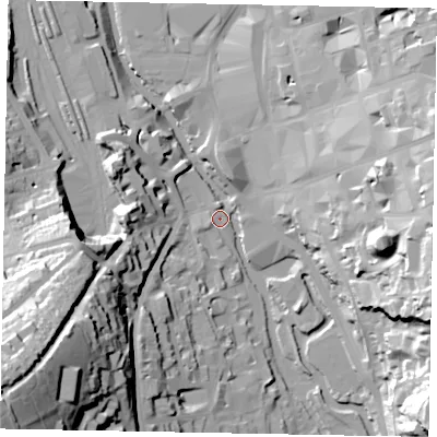 Shaded relief map of the ground around GU24AJ, computed from Environment Agency LiDAR. The ground here sits at about 31 m above sea level and falls 66 m across the surrounding 800 m. Surface water reaching this point runs off ground lying to the south-west, 64.7 m higher.