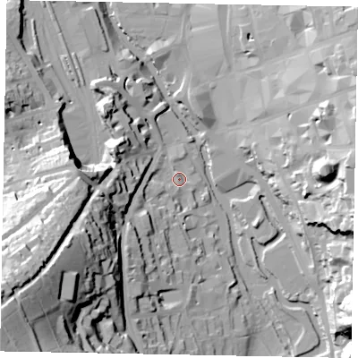 Shaded relief map of the ground around GU24AW, computed from Environment Agency LiDAR. The ground here sits at about 33 m above sea level and falls 73 m across the surrounding 800 m. Surface water reaching this point runs off ground lying to the south-west, 11.7 m higher.