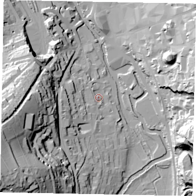 Shaded relief map of the ground around GU24AZ, computed from Environment Agency LiDAR. The ground here sits at about 35 m above sea level and falls 73 m across the surrounding 800 m. Surface water reaching this point runs off ground lying to the west-south-west, 14.8 m higher.