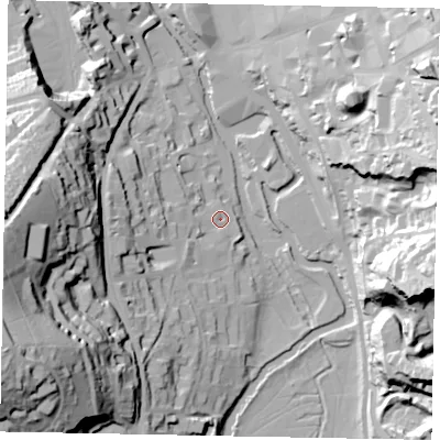 Shaded relief map of the ground around GU24BB, computed from Environment Agency LiDAR. The ground here sits at about 33 m above sea level and falls 68 m across the surrounding 800 m. Surface water reaching this point runs off ground lying to the west, 16.4 m higher.