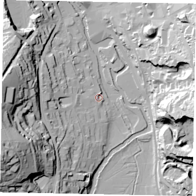 Shaded relief map of the ground around GU24BD, computed from Environment Agency LiDAR. The ground here sits at about 34 m above sea level and falls 65 m across the surrounding 800 m. Surface water reaching this point runs off ground lying to the west-south-west, 62.7 m higher.