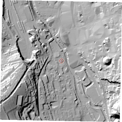 Shaded relief map of the ground around GU24HJ, computed from Environment Agency LiDAR. The ground here sits at about 32 m above sea level and falls 69 m across the surrounding 800 m. Surface water reaching this point runs off ground lying to the south-west, 2.7 m higher.