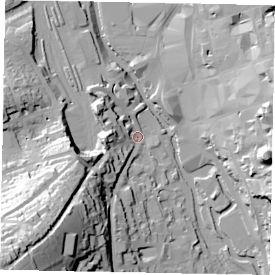 Shaded relief map of the ground around GU24HP, computed from Environment Agency LiDAR. The ground here sits at about 33 m above sea level and falls 73 m across the surrounding 800 m. Surface water reaching this point runs off ground lying to the south-west, 71.0 m higher.