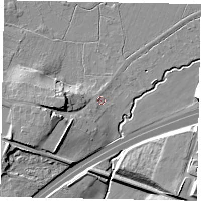 Shaded relief map of the ground around GU254BT, computed from Environment Agency LiDAR. The ground here sits at about 18 m above sea level and falls 17 m across the surrounding 800 m. Surface water reaching this point runs off ground lying to the west, 13.1 m higher.