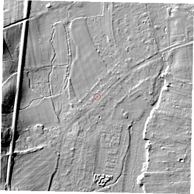 Shaded relief map of the ground around GU254DB, computed from Environment Agency LiDAR. The ground here sits at about 16 m above sea level and falls 18 m across the surrounding 800 m. Surface water reaching this point runs off ground lying to the south-west, 1.4 m higher.
