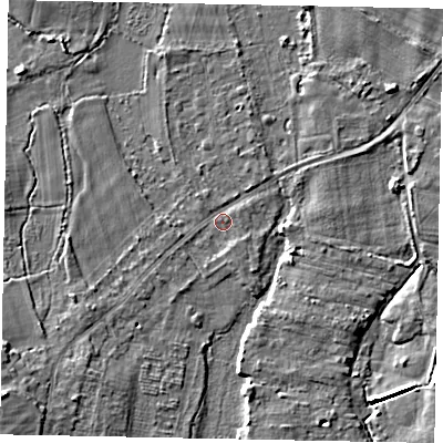 Shaded relief map of the ground around GU254DE, computed from Environment Agency LiDAR. The ground here sits at about 16 m above sea level and falls 6 m across the surrounding 800 m. Surface water reaching this point runs off ground lying to the south-west, 1.5 m higher.