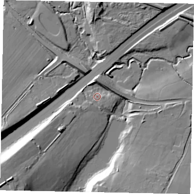 Shaded relief map of the ground around GU254EA, computed from Environment Agency LiDAR. The ground here sits at about 25 m above sea level and falls 33 m across the surrounding 800 m. Surface water reaching this point runs off ground lying to the south-west, 28.9 m higher.