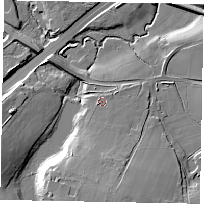 Shaded relief map of the ground around GU254EB, computed from Environment Agency LiDAR. The ground here sits at about 26 m above sea level and falls 27 m across the surrounding 800 m. Surface water reaching this point runs off ground lying to the south-south-west, 7.4 m higher.