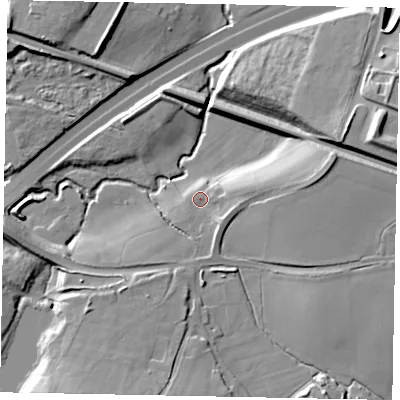 Shaded relief map of the ground around GU254ES, computed from Environment Agency LiDAR. The ground here sits at about 21 m above sea level and falls 17 m across the surrounding 800 m. Surface water reaching this point runs off ground lying to the east, 6.6 m higher.