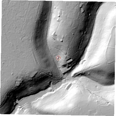 Shaded relief map of the ground around GU266DT, computed from Environment Agency LiDAR. The ground here sits at about 140 m above sea level and falls 57 m across the surrounding 800 m. Surface water reaching this point runs off ground lying to the north-north-east, 40.3 m higher.