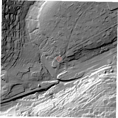 Shaded relief map of the ground around GU271BT, computed from Environment Agency LiDAR. The ground here sits at about 140 m above sea level and falls 59 m across the surrounding 800 m. Surface water reaching this point runs off ground lying to the north-east, 24.0 m higher.