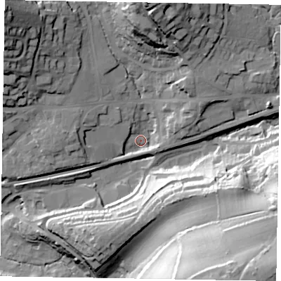 Shaded relief map of the ground around GU271DH, computed from Environment Agency LiDAR. The ground here sits at about 128 m above sea level and falls 63 m across the surrounding 800 m. Surface water reaching this point runs off ground lying to the north-west, 35.3 m higher.