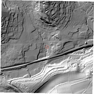 Shaded relief map of the ground around GU271DJ, computed from Environment Agency LiDAR. The ground here sits at about 130 m above sea level and falls 59 m across the surrounding 800 m. Surface water reaching this point runs off ground lying to the north, 37.9 m higher.