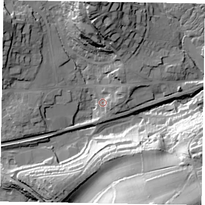 Shaded relief map of the ground around GU271DQ, computed from Environment Agency LiDAR. The ground here sits at about 131 m above sea level and falls 58 m across the surrounding 800 m. Surface water reaching this point runs off ground lying to the north, 37.0 m higher.
