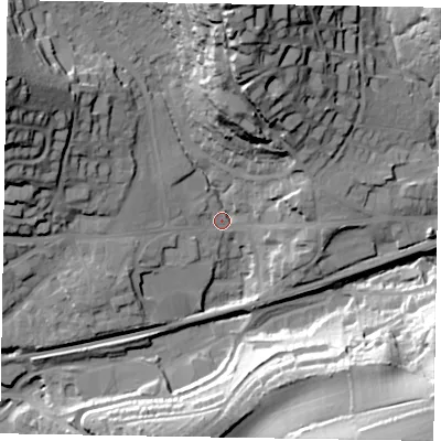 Shaded relief map of the ground around GU271HS, computed from Environment Agency LiDAR. The ground here sits at about 131 m above sea level and falls 52 m across the surrounding 800 m. Surface water reaching this point runs off ground lying to the west-north-west, 25.7 m higher.