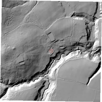 Shaded relief map of the ground around GU272EN, computed from Environment Agency LiDAR. The ground here sits at about 72 m above sea level and falls 39 m across the surrounding 800 m. Surface water reaching this point runs off ground lying to the west, 25.2 m higher.