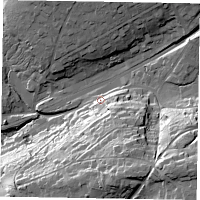 Shaded relief map of the ground around GU272PD, computed from Environment Agency LiDAR. The ground here sits at about 144 m above sea level and falls 63 m across the surrounding 800 m. Surface water reaching this point runs off ground lying to the south-south-east, 24.7 m higher.