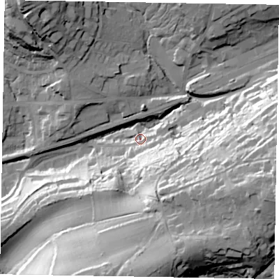 Shaded relief map of the ground around GU272QG, computed from Environment Agency LiDAR. The ground here sits at about 133 m above sea level and falls 57 m across the surrounding 800 m. Surface water reaching this point runs off ground lying to the east-south-east, 52.6 m higher.