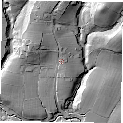 Shaded relief map of the ground around GU273EY, computed from Environment Agency LiDAR. The ground here sits at about 66 m above sea level and falls 43 m across the surrounding 800 m. Surface water reaching this point runs off ground lying to the north-west, 13.8 m higher.