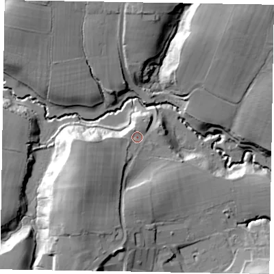 Shaded relief map of the ground around GU273EZ, computed from Environment Agency LiDAR. The ground here sits at about 56 m above sea level and falls 31 m across the surrounding 800 m. Surface water reaching this point runs off ground lying to the south-west, 19.3 m higher.
