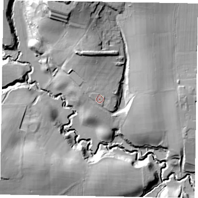 Shaded relief map of the ground around GU273JF, computed from Environment Agency LiDAR. The ground here sits at about 55 m above sea level and falls 40 m across the surrounding 800 m. Surface water reaching this point runs off ground lying to the north-north-west, 12.8 m higher.