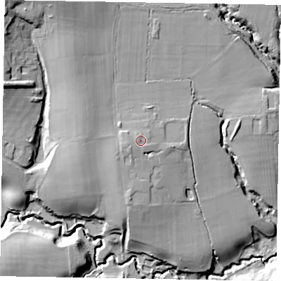 Shaded relief map of the ground around GU273JG, computed from Environment Agency LiDAR. The ground here sits at about 58 m above sea level and falls 34 m across the surrounding 800 m. Surface water reaching this point runs off ground lying to the west-south-west, 1.3 m higher.