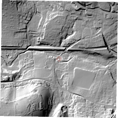 Shaded relief map of the ground around GU273QE, computed from Environment Agency LiDAR. The ground here sits at about 119 m above sea level and falls 59 m across the surrounding 800 m. Surface water reaching this point runs off ground lying to the south-west, 55.9 m higher.