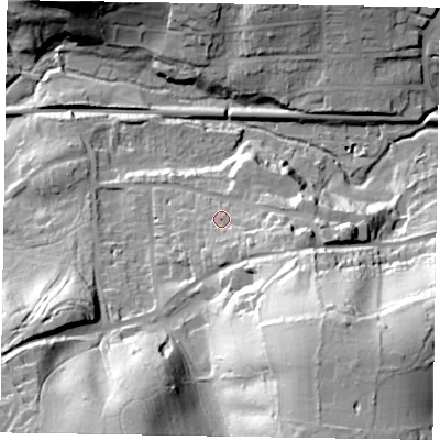 Shaded relief map of the ground around GU273QH, computed from Environment Agency LiDAR. The ground here sits at about 130 m above sea level and falls 65 m across the surrounding 800 m. Surface water reaching this point runs off ground lying to the south-south-east, 7.8 m higher.