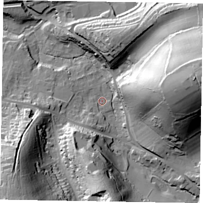 Shaded relief map of the ground around GU273SA, computed from Environment Agency LiDAR. The ground here sits at about 126 m above sea level and falls 65 m across the surrounding 800 m. Surface water reaching this point runs off ground lying to the south-south-west, 7.9 m higher.