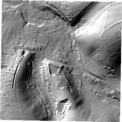 Shaded relief map of the ground around GU273SQ, computed from Environment Agency LiDAR. The ground here sits at about 133 m above sea level and falls 69 m across the surrounding 800 m. Surface water reaching this point runs off ground lying to the south-south-west, 26.0 m higher.