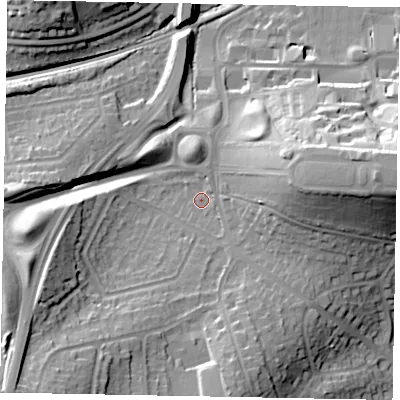 Shaded relief map of the ground around GU27UJ, computed from Environment Agency LiDAR. The ground here sits at about 58 m above sea level and falls 31 m across the surrounding 800 m. Surface water reaching this point runs off ground lying to the east, 21.1 m higher.